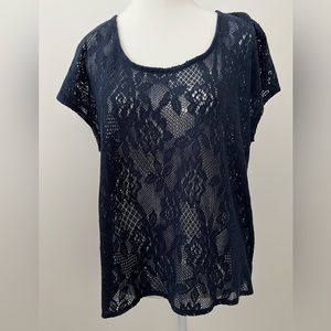 Lucky Brand Navy Blue Floral Lace Pattern Short Sleeve Top Size M